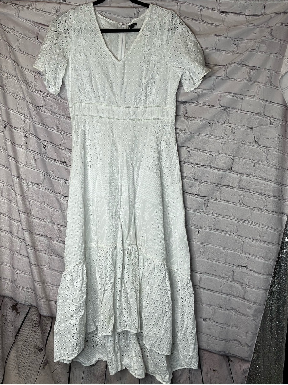 Bridal Chic Coastal Prairie Cottagecore Flowy White Eyelet High Low Dress Sz 10